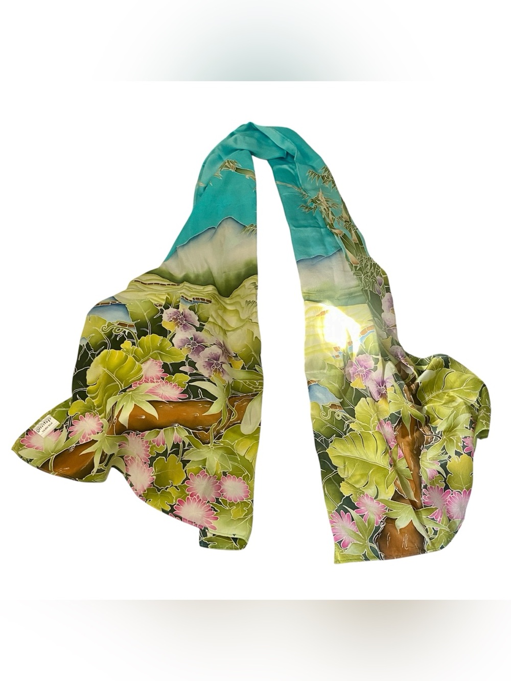 Sajen 100% Silk Scarf with Tropical Scene Blues and Greens 20 1/2 x 75”